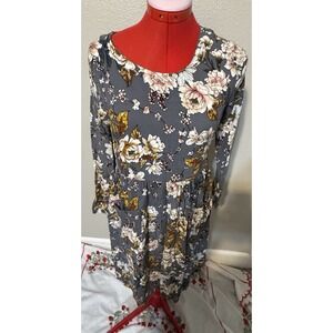 JessaKae Floral Babydoll Dress Women Large Gray Long Sleeve Cotton Lined Midi